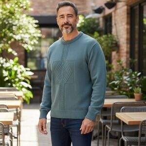 Vtg Kenny Ireland 100% Wool Crewneck Sweater Teal Diamond Cable Knit Mens Large